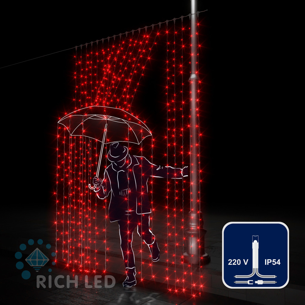 Светодиодный занавес (дождь) Rich LED 2*3 м, красный, прозрачный провод,