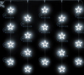 Светодиодный узорный занавес звезды Rich LED, размер 2*2 м, белый, прозрачный провод, 20 звезд, соединяемый,