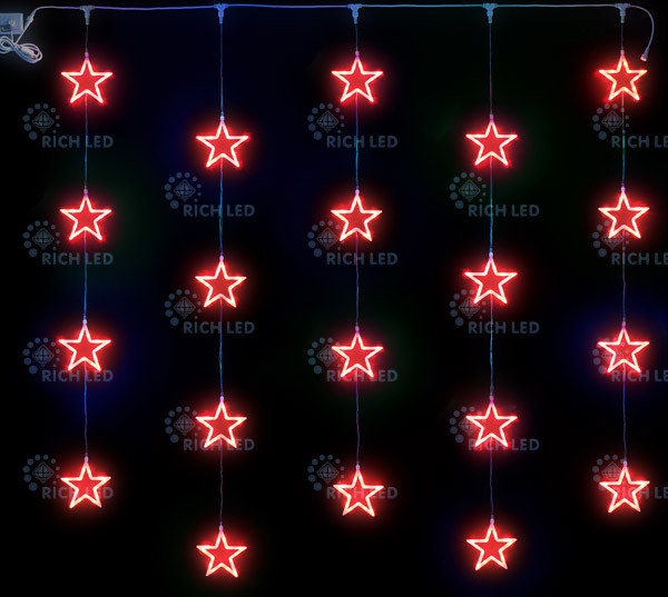 Светодиодный узорный занавес звезды Rich LED, размер 2*2 м, красный, прозрачный провод, 20 звезд, соединяемый,