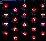 Светодиодный узорный занавес звезды Rich LED, размер 2*2 м, красный, прозрачный провод, 20 звезд, соединяемый,
