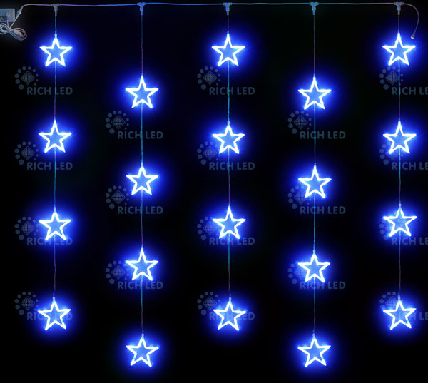 Светодиодный узорный занавес звезды Rich LED, размер 2*2 м, синий, прозрачный провод, 20 звезд, соединяемый,