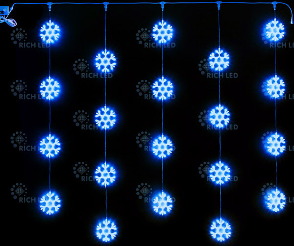 Светодиодный узорный занавес снежинки Rich LED, размер 2*2 м, синий, прозрачный провод, 20 снежинок,