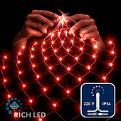 Светодиодная сетка Rich LED 2*1.5 м, красная, 192 LED, 220 B, прозрачный провод.