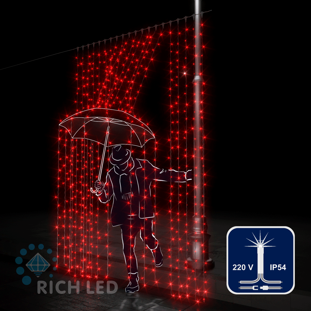 Светодиодный занавес (дождь) Rich LED 2*3 м, красный, мерцающий, прозрачный провод,