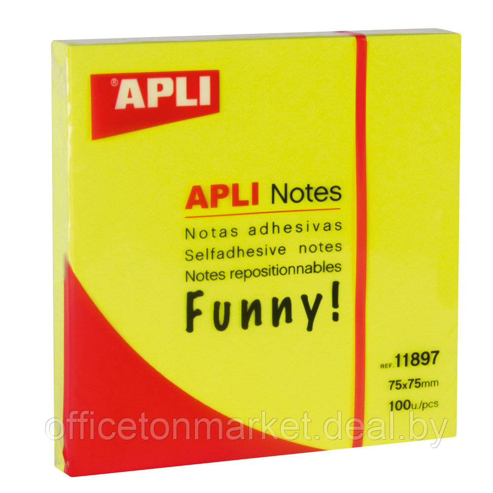 Бумага для заметок на клейкой основе "Funny notes", 75x75 мм, 100 листов, флуоресцентный желтый - фото 1 - id-p213586923