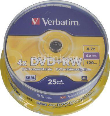 Оптический диск DVD+RW VERBATIM 4.7Гб 4x, 25шт., cake box [43489] - фото 1 - id-p213135325
