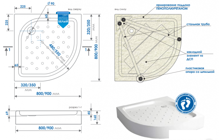 Полукруглый акриловый душевой поддон Classic N 90*90 (поддон на цельном металлическом каркасе (высота 16 см, - фото 3 - id-p215360174