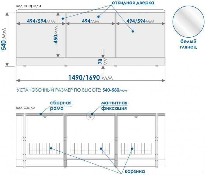 Лицевой экран под ванну с откидными дверцами 149 см (алюминиевая рама, цельная ПВХ-панель, 3 откидных дверцы с - фото 10 - id-p215360347