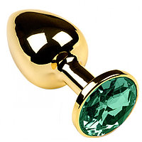 Золотая металлическая анальная пробка с камушком зеленого цвета S