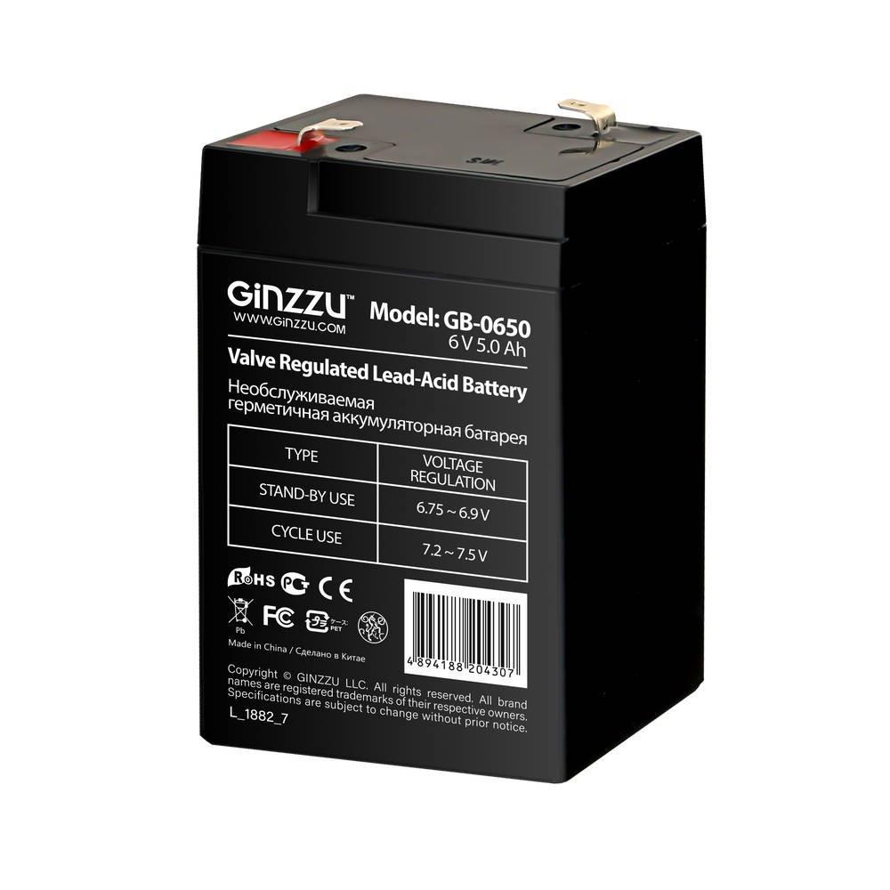 Аккумуляторная батарея GB-0650 GINZZU 6V 5Ah, AGM, F1 (Fasten Tab № 187E) - фото 1 - id-p215798806