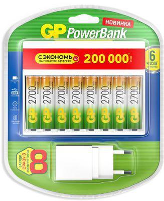 AA Аккумуляторная батарейка + Зарядное устройство GP PowerBank 270AAHC/CPBXL-2CR8, 8 шт. 2700мAч - фото 1 - id-p213144799
