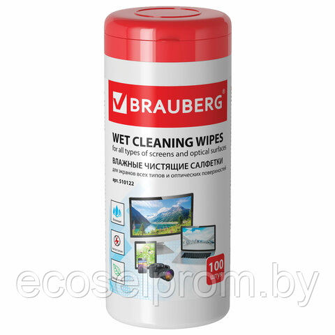 Салфетки для экранов всех типов и оптики BRAUBERG, 13х17 см, туба 100 шт., влажные