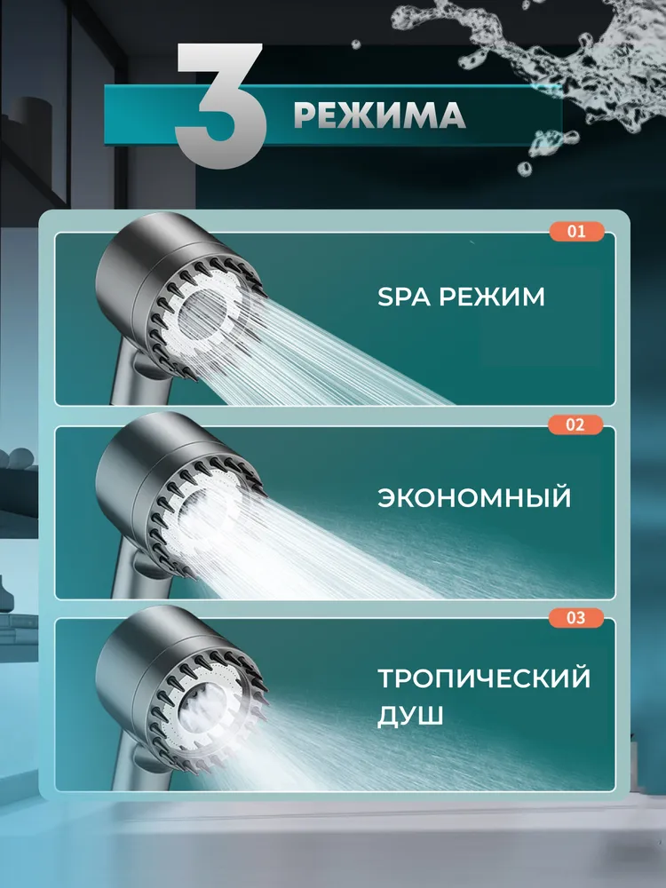 Турбо насадка лейка - массажер для душа 3-х режимная водосберегающая TURBOCHARGED SHOWER HEAD (съемный - фото 6 - id-p215939527