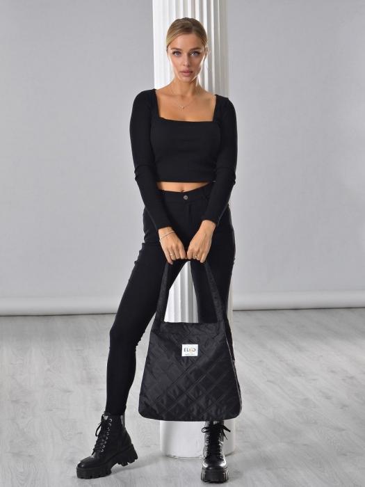 Сумка шоппер стеганая для фитнеса большая женская тканевая стильная повседневная черная для покупок - фото 5 - id-p215917306