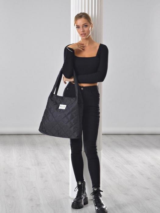Сумка шоппер стеганая для фитнеса большая женская тканевая стильная повседневная черная для покупок - фото 6 - id-p215917306