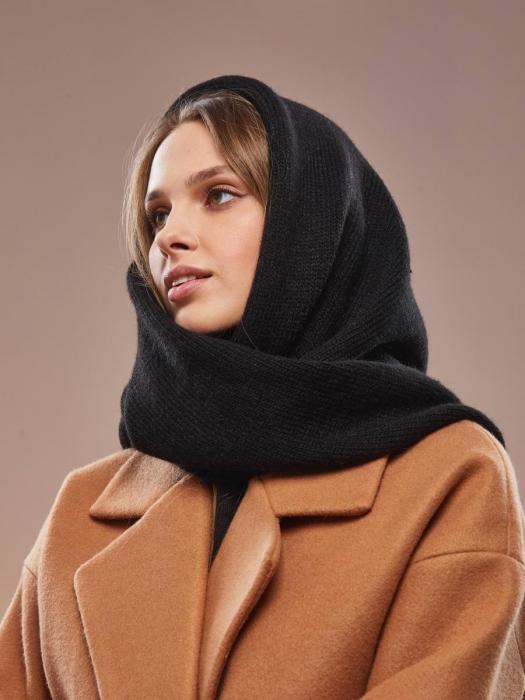 Шарф теплый женский черный зимний платок косынка шарфик палантин однотонный шерстяной на голову шею - фото 6 - id-p215916299