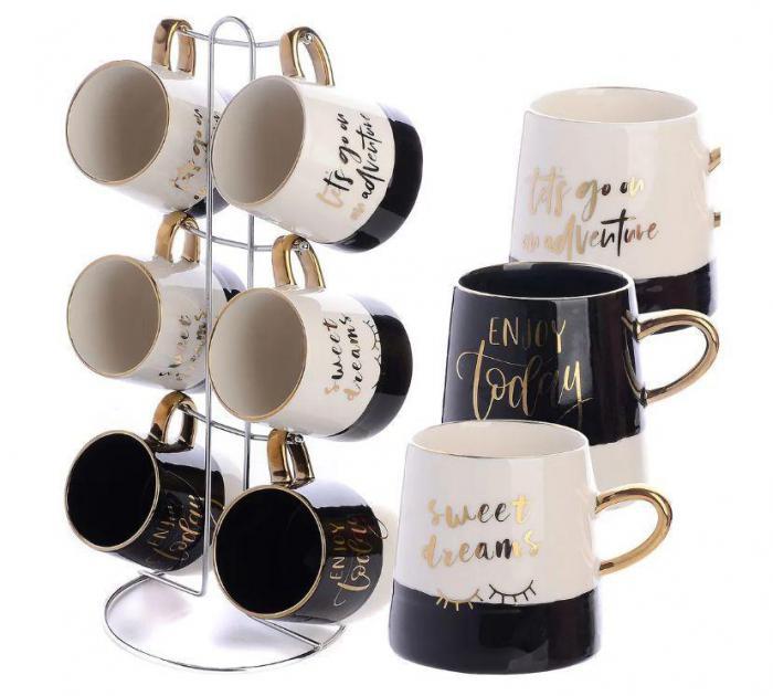 Кружки для чая кофе керамические LORAINE чайный кофейный набор из 6 чашек на подставке подарочный - фото 1 - id-p215915468