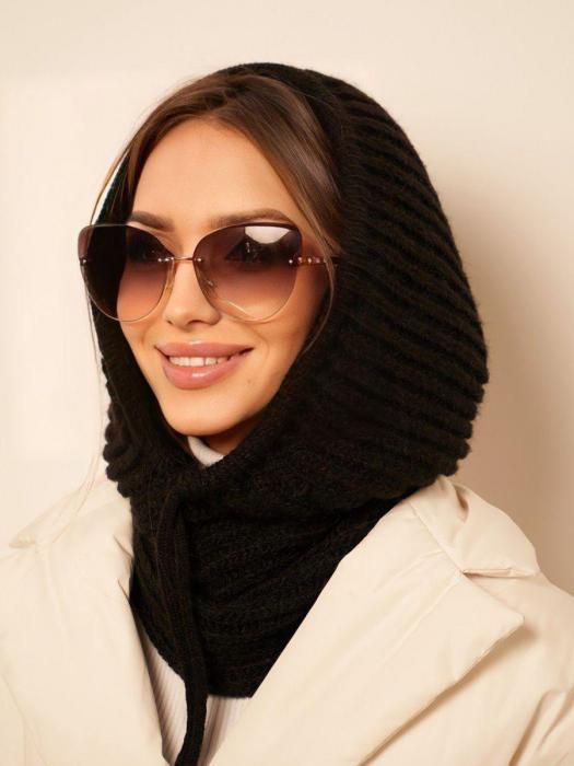 Капор женский зимний вязаный VS22 черная шапка шарф снуд косынка капюшон - фото 3 - id-p215915818