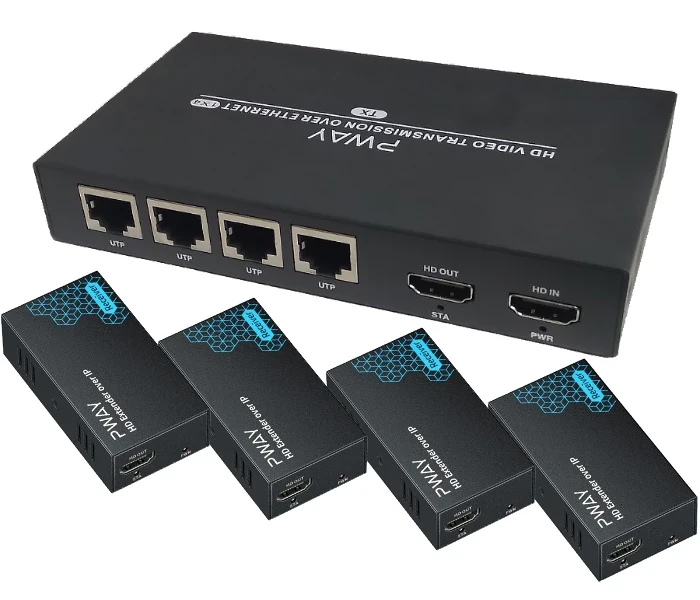Разветвитель, сплиттер HDMI 1x4 FullHD 1080p до 200 метров - удлинитель сигнала по витой паре RJ45 UTP (LAN),