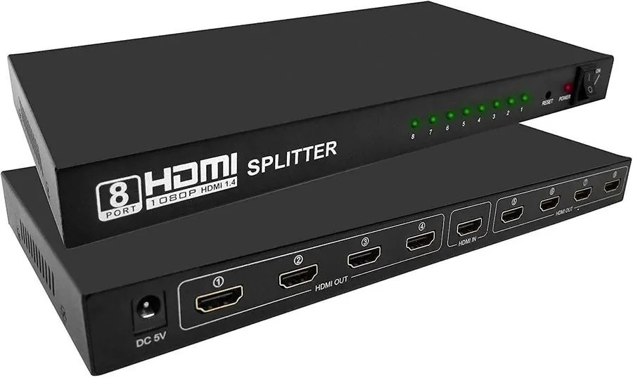 Адаптер - разветвитель - сплиттер 1×8 HDMI, FullHD 1080p 3D, ver.02, активный, черный 556583