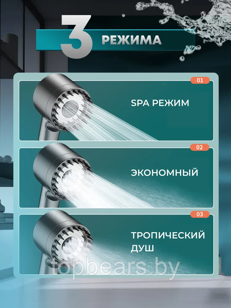 Турбо насадка лейка - массажер для душа 3-х режимная водосберегающая TURBOCHARGED SHOWER HEAD (съемный - фото 6 - id-p215963760