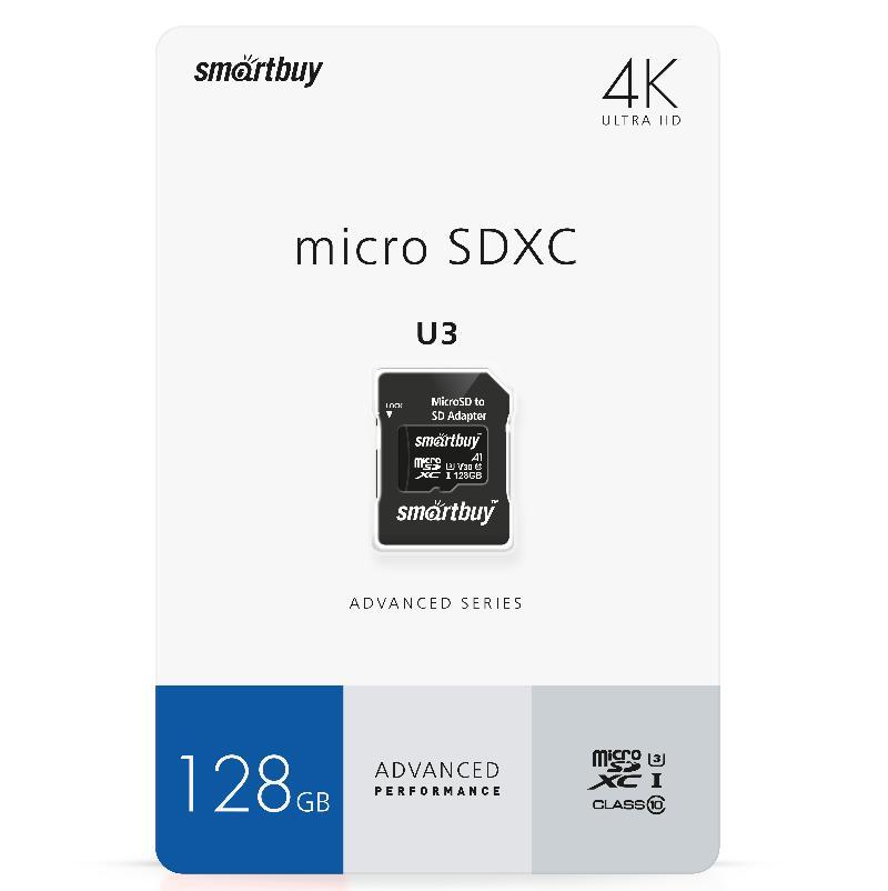 Карта памяти MicroSD 128GB - Smartbuy Class10 Advanced UHS-I (U3), 90/55 MB/s, + SD адаптер - фото 1 - id-p215989199
