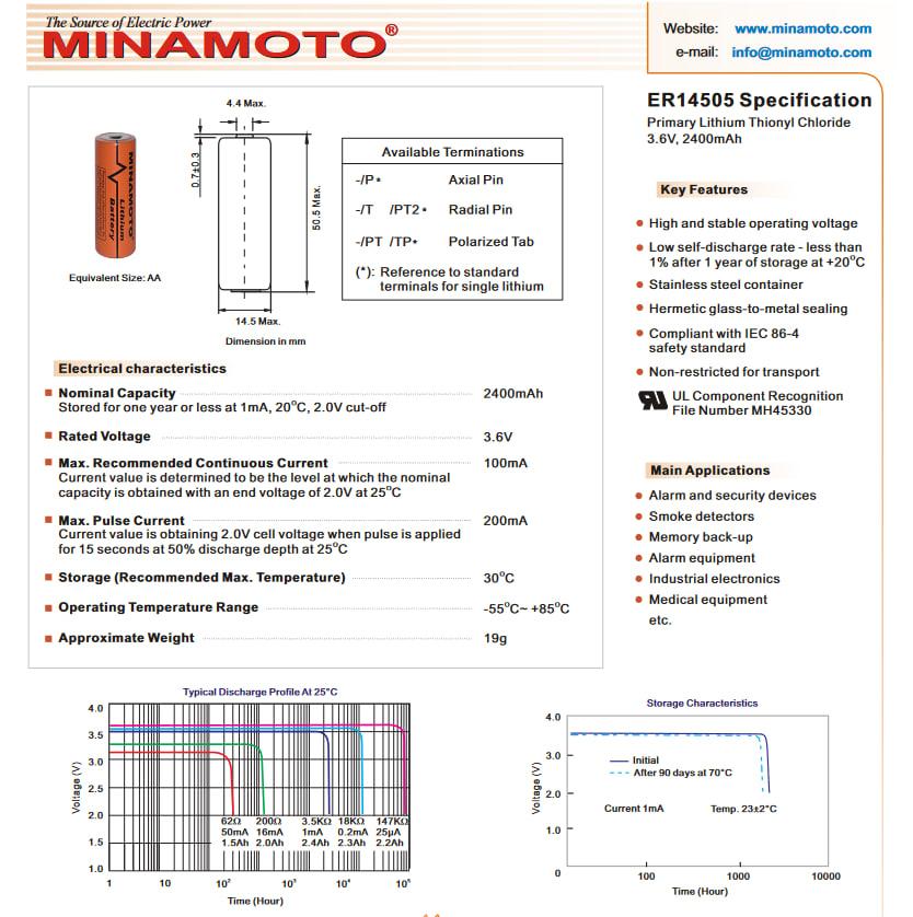 Элемент питания 14505 - MINAMOTO ER14505-AX, 3.6V, Lithium (типоразмер AA), с аксиальными выводами - фото 3 - id-p215992762