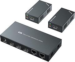 Разветвитель, сплиттер HDMI 1x2 FullHD 1080p до 60 метров - удлинитель сигнала по витой паре RJ45 UTP (LAN),