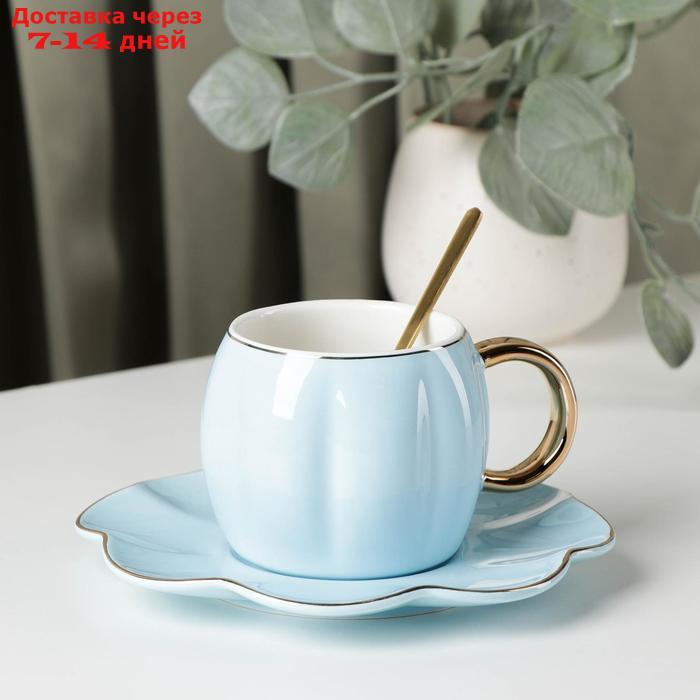 Чайная пара с ложкой "Цветок", 240 мл, чашка 11×8×7 см, блюдце d=16 см, цвет голубой - фото 1 - id-p215606244