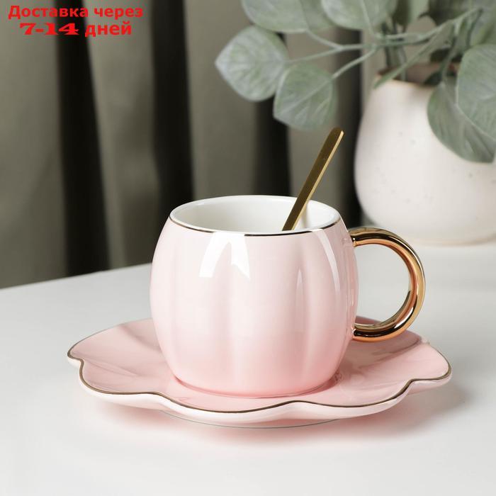Чайная пара с ложкой "Цветок", 240 мл, чашка 11×8×7 см, блюдце d=16 см, цвет розовый - фото 1 - id-p215606245