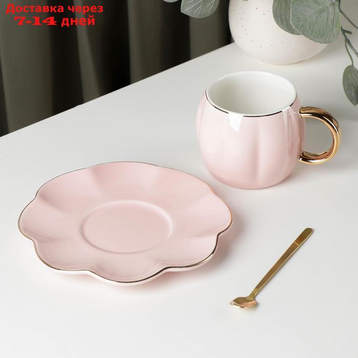 Чайная пара с ложкой "Цветок", 240 мл, чашка 11×8×7 см, блюдце d=16 см, цвет розовый - фото 2 - id-p215606245