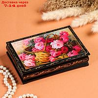 Шкатулка "Розовые цветы в корзинке", 11×16 см, лаковая миниатюра