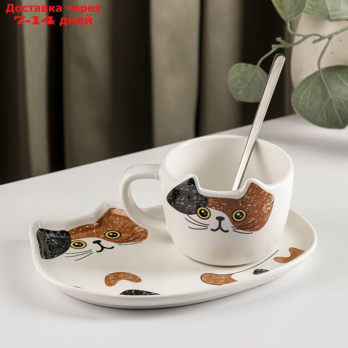 Чайная пара с ложкой "Котик" чашка 200 мл, блюдце 18x11 см - фото 1 - id-p215607266