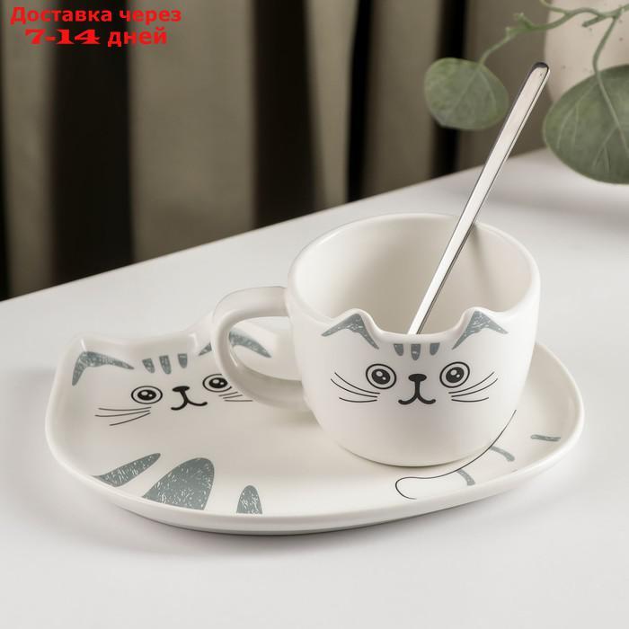Чайная пара с ложкой "Котик" чашка 200 мл, блюдце 18x11 см - фото 1 - id-p215607272