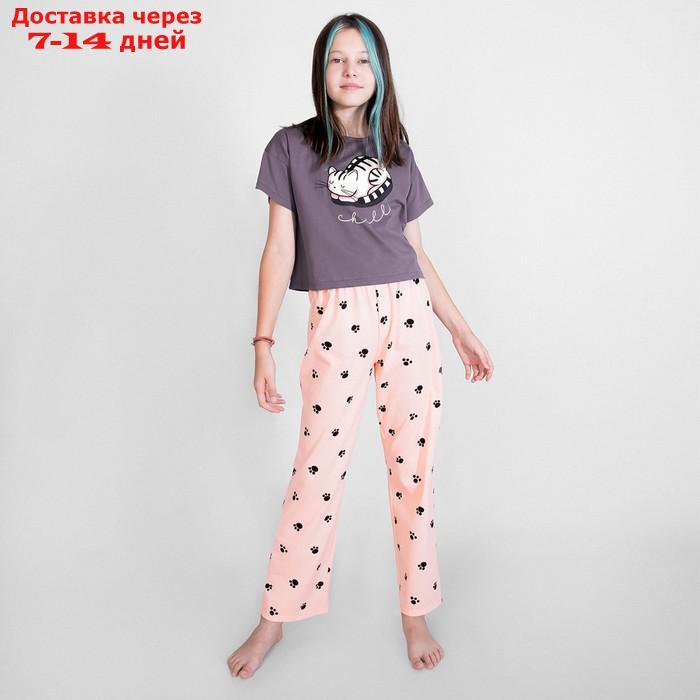 Пижама футболка и брюки "Симпл-димпл" для девочки, рост 152 см., цвет графит/персиковый