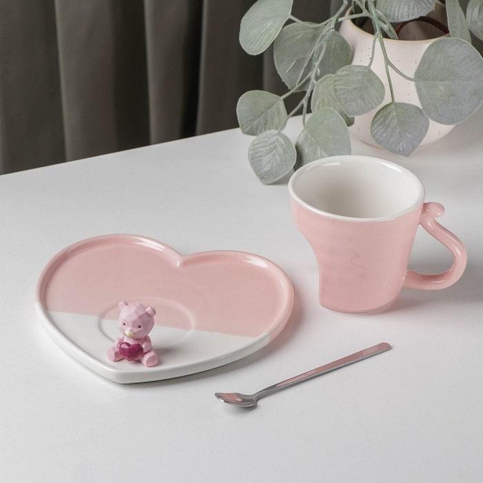 Подарочный чайный набор «Розовый мишка» на 1 персону: кружка, блюдце, ложка - фото 2 - id-p216157691