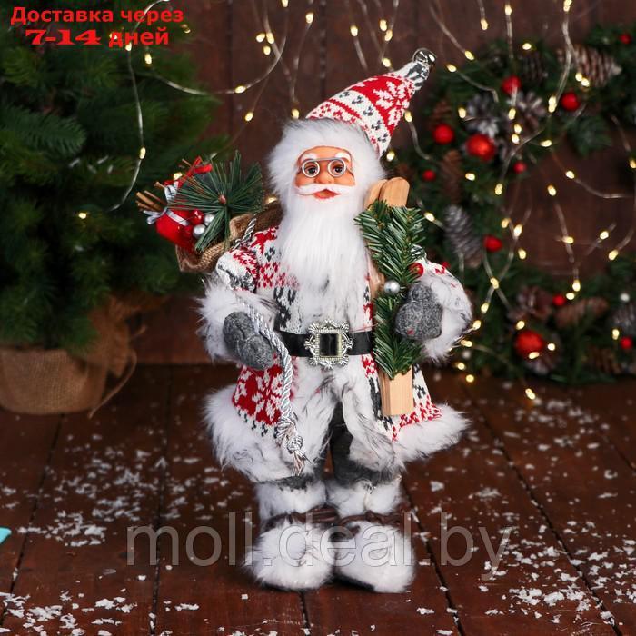 Дед Мороз "В костюме с орнаментом, лыжами и веточками" 31 см, красно-белый - фото 1 - id-p216354010
