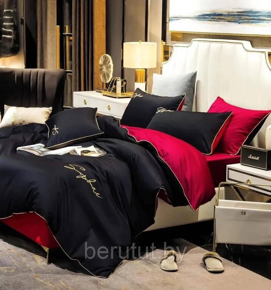 Комплект постельного белья 2-x спальный MENCY ЖАТКА Черный красный / простыня на резинке - фото 2 - id-p216368437