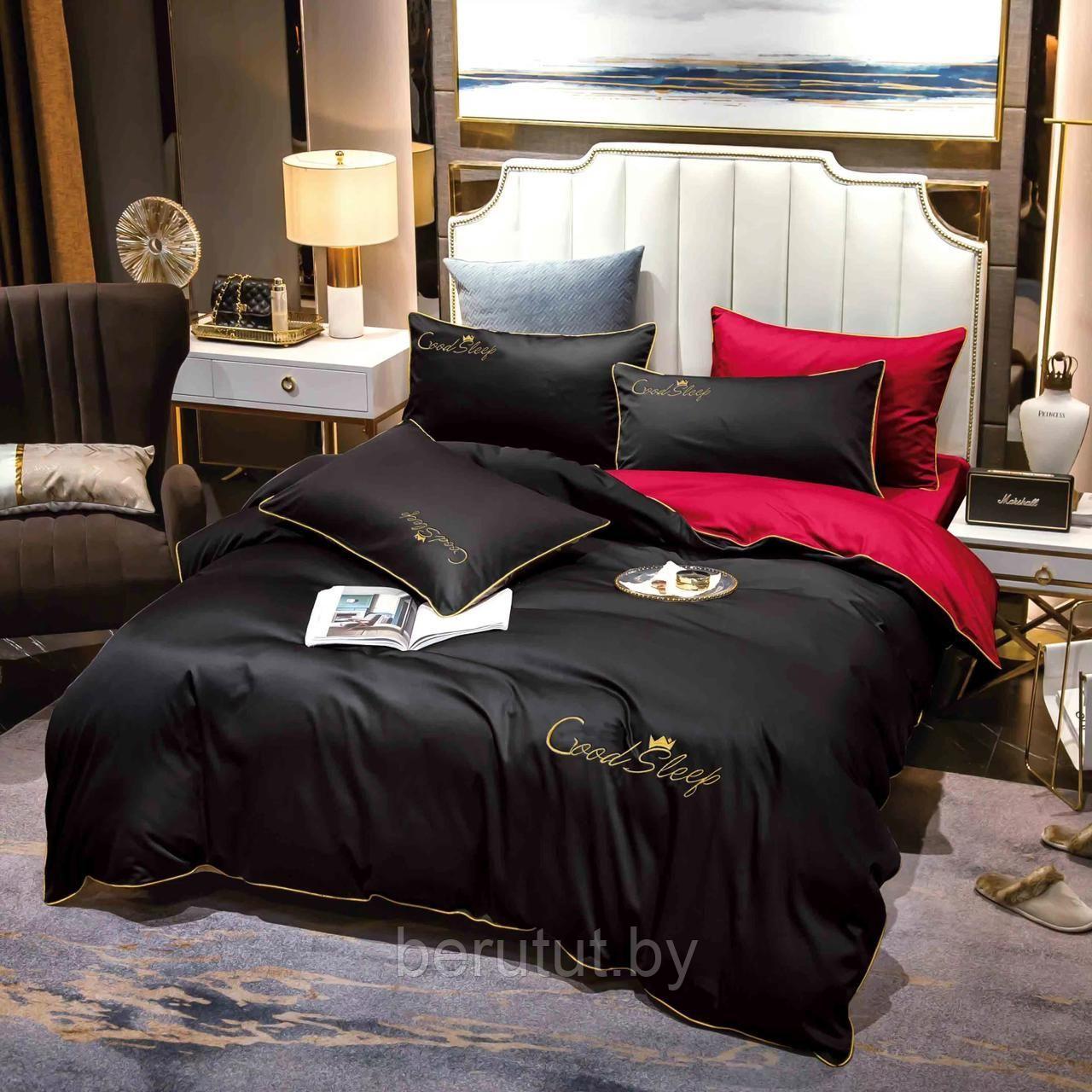 Комплект постельного белья 2-x спальный MENCY ЖАТКА Черный красный / простыня на резинке - фото 1 - id-p216368437