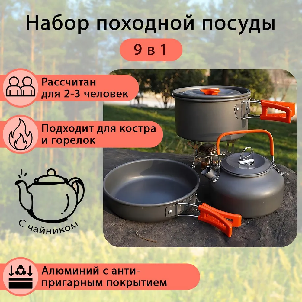 Набор туристической посуды для пикника и путешествий Cooking Set DS -308 из анодированного алюминия, 9 - фото 7 - id-p216372891