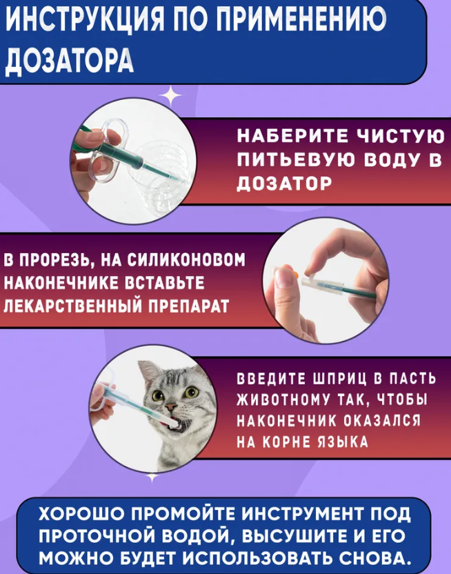 Многоразовый шприц (таблеткодаватель) Feeding Kit для домашних животных (2 насадки для жидких и твердых - фото 6 - id-p216372921