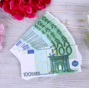 Купюры бутафорные доллары, евро, рубли (1 пачка) / Сувенирные деньги 100 Euro бутафорных (75 шт. в пачке)