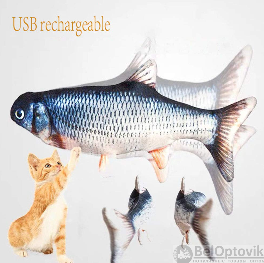 Игрушка для кошки Живая рыбка с подвижным хвостом / работает от USB, 28 см Толстолобик - фото 4 - id-p216373818