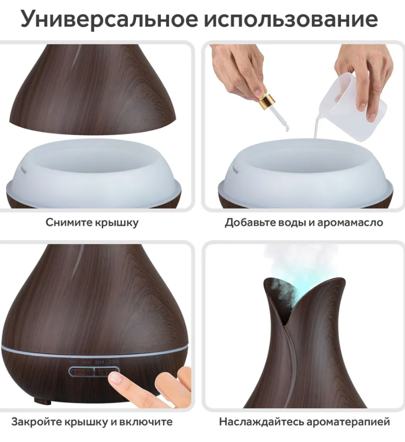 Увлажнитель воздуха (аромадиффузер) Aroma Diffuser с таймером на 1/3/6 часов и LED-подсветкой, 400 ml Белый - фото 3 - id-p216373072