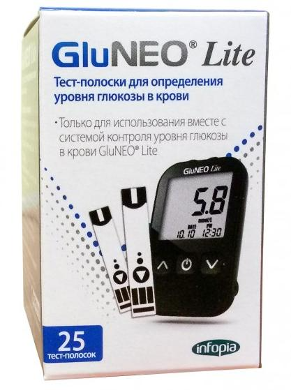 Тест-полоски для измерения уровня глюкозы в крови GluNEO Глюнео Lite № 25 - фото 1 - id-p216376371