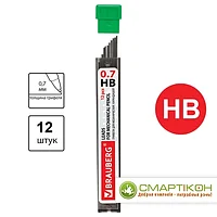 Грифели запасные 0,7 мм, HB, BRAUBERG, КОМПЛЕКТ 12 шт., "Hi-Polymer"