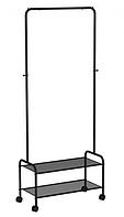 Вешалка напольная на колесиках металлическая для одежды гардеробная черная на колесах со штангой с полками
