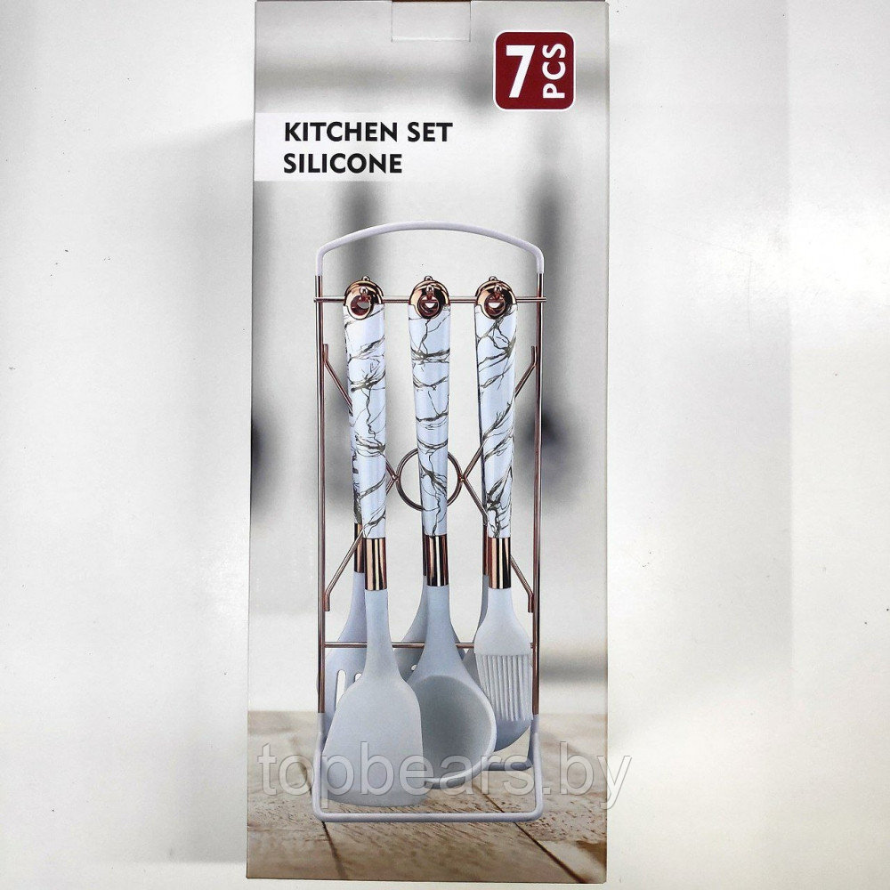 Набор кухонных силиконовых принадлежностей Kitchen set silicone 7 предметов на подставке / Светлое дерево - фото 3 - id-p215527385
