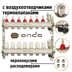 Коллекторы для пола ONDO /нерж. сталь/ с воздухоотводчиком, расходомерами и термоклапанами 