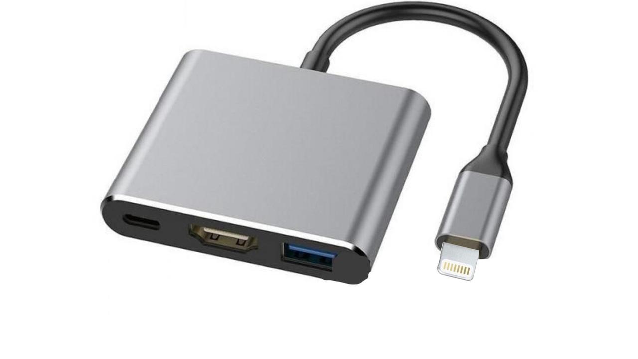 Переходник конвертер Lightning -> USB2.0+HDMI+Lightning металлик